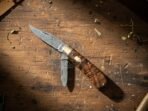 Damascus Folding Pocket Knife, Hand-Forged, Walnut Handle, Leather Sheath