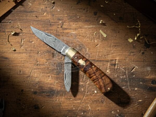 Damascus Folding Pocket Knife, Hand-Forged, Walnut Handle, Leather Sheath
