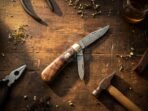 Damascus Folding Pocket Knife, Hand-Forged, Walnut Handle, Leather Sheath - view 2