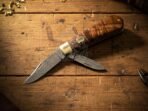Damascus Folding Pocket Knife, Hand-Forged, Walnut Handle, Leather Sheath - view 3