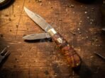 Damascus Folding Pocket Knife, Hand-Forged, Walnut Handle, Leather Sheath - view 4