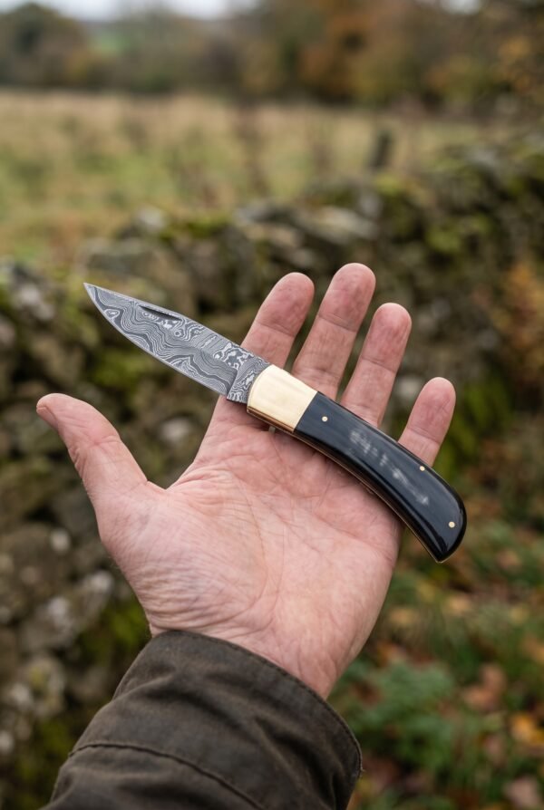 Damascus folding pocket knife held open in an outstretched hand showing the black horn handle and brass bolster
