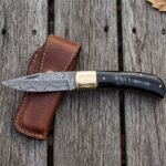 Hornedge Hand Forged Damascus Folding Pocket Knife with Buffalo Horn Handle and Brass Bolster & Handmade Leather Sheath | Everyday Carry Collector Gift | RK-1065