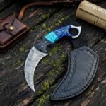 Turquoiseclaw Hand Forged Damascus Karambit Knife with Turquoise Bull Horn and Resin Handle and Damascus Finger Ring | Tactical Collector Gift | RK-1046
