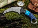 Damascus Karambit Knife, Hand-Forged, 9″ Overall, Resin Handle, Leather Sheath | Engraving Available - view 4