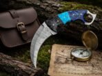 Damascus Karambit Knife, Hand-Forged, 9″ Overall, Resin Handle, Leather Sheath | Engraving Available - view 5