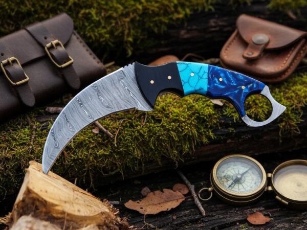 Damascus Karambit Knife, Hand-Forged, 9″ Overall, Resin Handle, Leather Sheath | Engraving Available - view 2