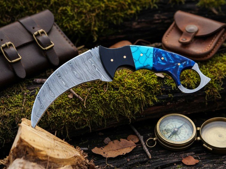 Damascus Karambit Knife, Hand-Forged, 9″ Overall, Resin Handle, Leather Sheath | Engraving Available - view 2