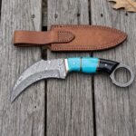 Turquoiseclaw Hand Forged Damascus Karambit Knife with Turquoise Bull Horn and Resin Handle and Damascus Finger Ring | Tactical Collector Gift | RK-1046