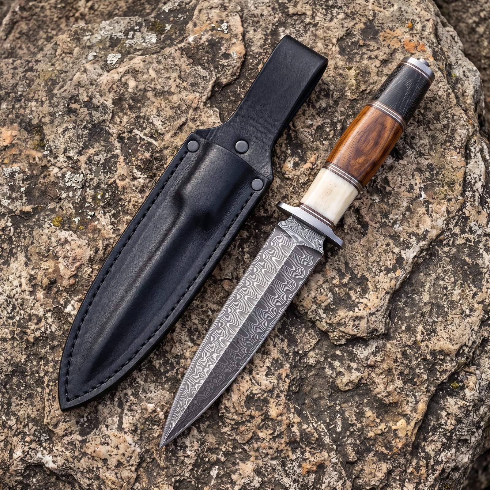 Damascus steel dagger with bone, wood and black handle spacers beside a black leather sheath on lichen covered stone Damascus steel dagger with bone, wood and black handle spacers beside a black leather sheath on lichen covered stone