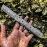 Damascus Tanto Knife — Hand-Forged, 9″ Overall, Bone Handle, Leather Sheath