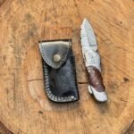 Damascus Folding Pocket Knife — Hand-Forged, Wood Handle, Leather Sheath (RK-1041)