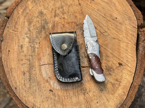 RK-1041 Handmade Damascus Folding Pocket Knife | Wood Handle | EDC Hunting & Camping Knife | Leather Sheath Included