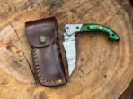 Damascus Folding Pocket Knife — Hand-Forged, Wood Handle, Leather Sheath (RK-1042)