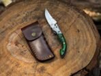 Damascus Folding Pocket Knife — Hand-Forged, Wood Handle, Leather Sheath (RK-1042) - Image 3
