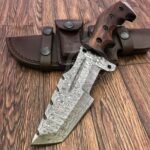 Damascus Tracker Knife — Hand-Forged, 10" Overall, Rosewood Handle, Leather Sheath