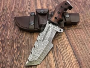 Damascus Tracker Knife, Hand-Forged, 10″ Overall, Rosewood Handle, Leather Sheath