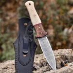 Damascus Dagger Knife — Hand-Forged, 8.75″ Overall, Micarta Handle, Leather Sheath