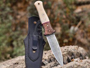 Damascus Dagger Knife, Hand-Forged, 8.75″ Overall, Micarta Handle, Leather Sheath