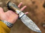 Damascus Camp Knife — Hand-Forged, 11" Overall, Stag Horn Handle, Leather Sheath