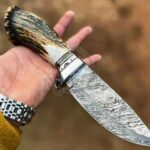 Damascus Camp Knife — Hand-Forged, 11" Overall, Stag Horn Handle, Leather Sheath