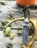 Damascus Camp Knife — Hand-Forged, 11" Overall, Stag Horn Handle, Leather Sheath - Image 3
