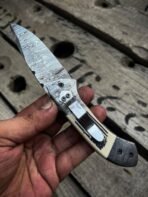 Damascus Folding Pocket Knife — Hand-Forged, Bone Handle | Engraving Available - Image 3