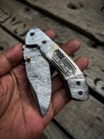 Damascus Folding Pocket Knife — Hand-Forged, Bone Handle | Engraving Available - Image 4
