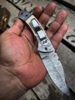 Damascus Folding Pocket Knife — Hand-Forged, Bone Handle | Engraving Available - Image 2