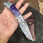 Damascus Folding Pocket Knife — Hand-Forged, Resin Handle, Leather Sheath