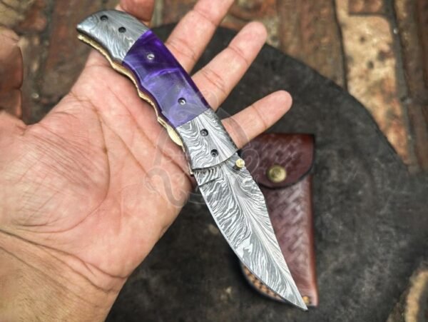 RK-1055 Handmade Damascus Feather Folding Pocket Knife with Purple Resin Handle & Leather Sheath