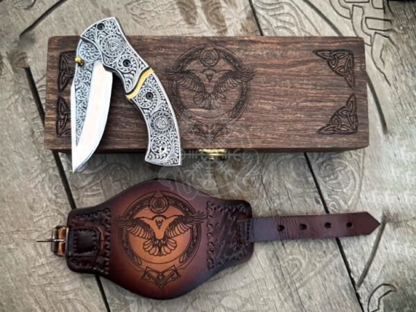 RK-1052 Personalized Handmade Viking Raven Folding Knife Pocket Knife Engraved Knife With Leather Hand Band Gift For Him | Wedding, Anniversary Gift
