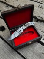 Damascus Folding Pocket Knife — Hand-Forged, Bone Handle | Engraving Available