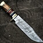 Damascus Bowie Knife — Hand-Forged, Wood Handle, Leather Sheath (RK-1056)