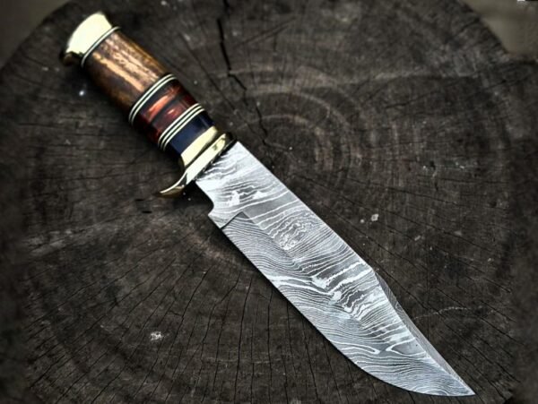 RK-1056 Handmade Damascus Steel Bowie Knife with Brass Guard, Exotic Wood Handle & Leather Sheath