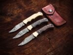 Damascus Folding Pocket Knife — Hand-Forged, Buffalo Horn Handle, Leather Sheath