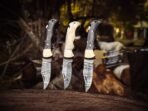 Damascus Folding Pocket Knife — Hand-Forged, Buffalo Horn Handle, Leather Sheath - view 2
