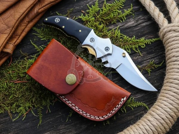 Stainless Steel Folding Pocket Knife, Hand-Forged, 7.5″ Overall, Resin Handle, Leather Sheath