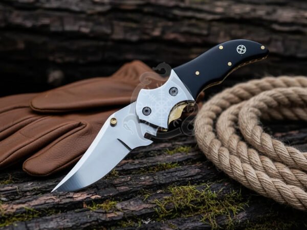 Stainless Steel Folding Pocket Knife, Hand-Forged, 7.5″ Overall, Resin Handle, Leather Sheath - view 2
