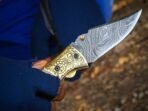 Damascus Folding Pocket Knife — Hand-Forged, Bone Handle, Leather Sheath (RK-1081) - Image 2
