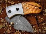 Damascus Folding Pocket Knife, Hand-Forged, Olive Wood Handle, Leather Sheath - view 2