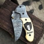 Damascus Folding Pocket Knife — Hand-Forged, Bone Handle, Leather Sheath (RK-1072)