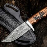 Damascus Hunting Knife — Hand-Forged, Rosewood Handle, Leather Sheath | Engraving Available (RK-1075)