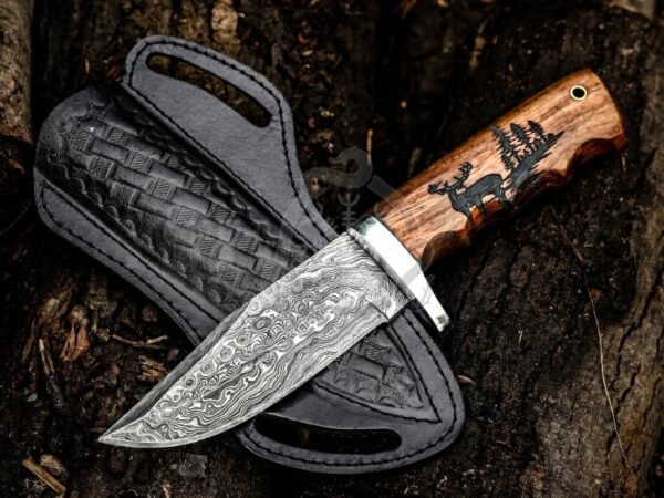RK-1075 Handmade Damascus Hunting Knife | Rain Drop Blade | Engraved Rose Wood Handle | Best Personalized Gift For Him  Christmas Gift