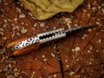 Damascus Folding Pocket Knife, Hand-Forged, Olive Wood Handle, Leather Sheath - view 4