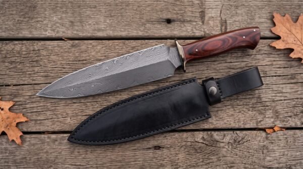 Damascus dagger with red wood handle and metal guard on rustic planks beside its black leather sheath and oak leaves