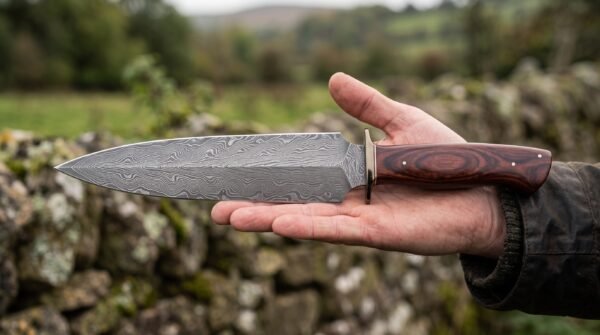 Damascus dagger with red wood handle lying across an outstretched hand in front of a dry stone wall and fields