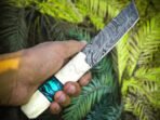 Damascus Tanto Knife — Hand-Forged, Resin Handle, Leather Sheath | Engraving Available - Image 2