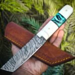 Damascus Tanto Knife — Hand-Forged, Resin Handle, Leather Sheath | Engraving Available