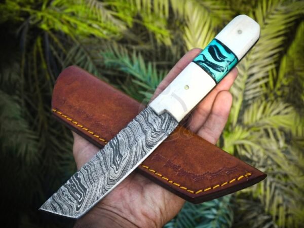 RK-1076 Handmade Damascus Tanto Knife  | Bone & Turquoise Resin Handle | and Leather Sheath Fixed Blade Hunting Knife | Personalized Gift for Men Him Her